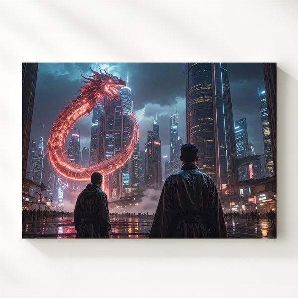Cyber Dragon City Canvas – Futuristic Nightscape with Neon Hologram - Gifitto