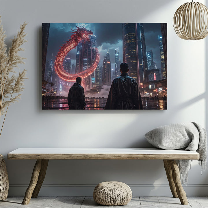 Cyber Dragon City Canvas – Futuristic Nightscape with Neon Hologram - Gifitto
