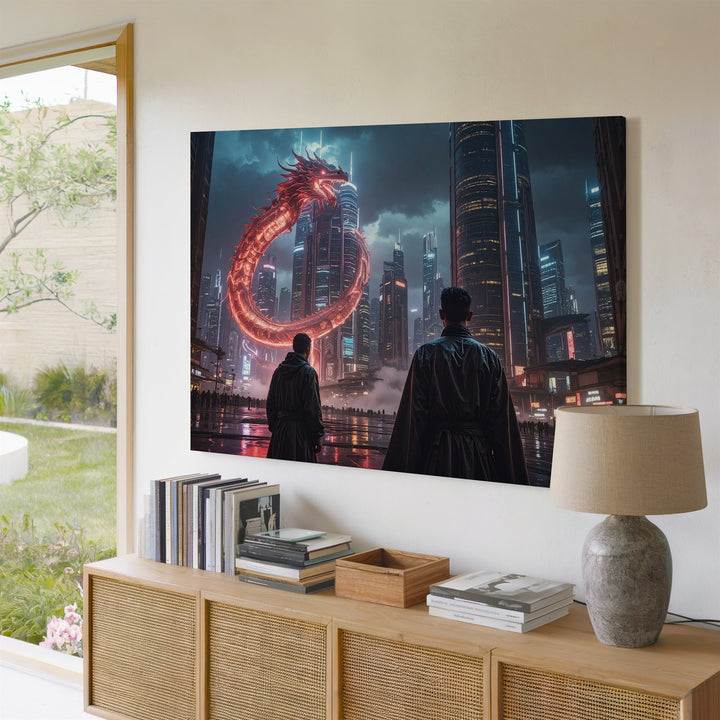 Cyber Dragon City Canvas – Futuristic Nightscape with Neon Hologram - Gifitto