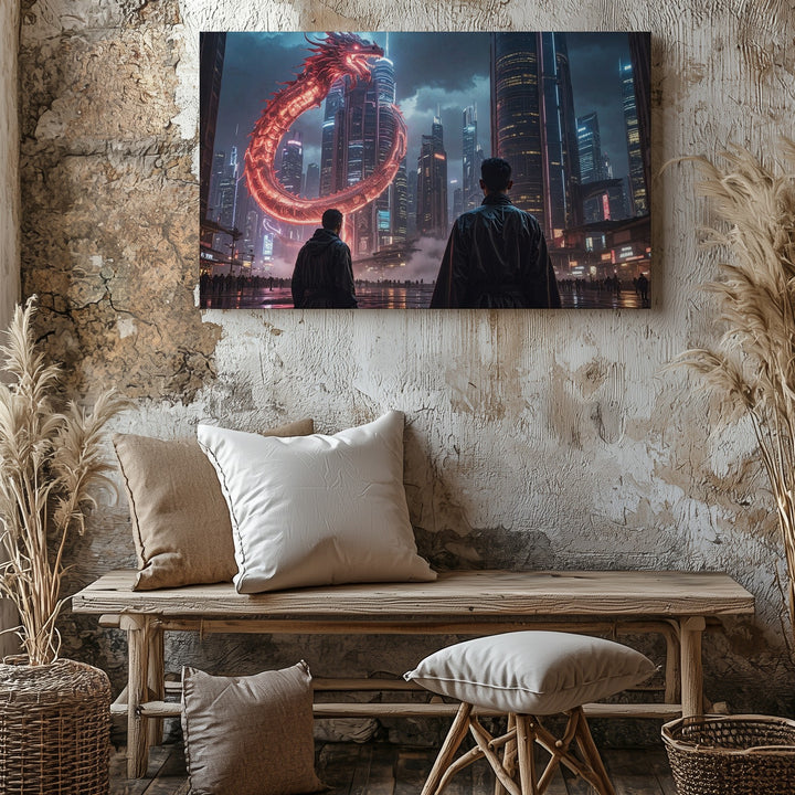 Cyber Dragon City Canvas – Futuristic Nightscape with Neon Hologram - Gifitto