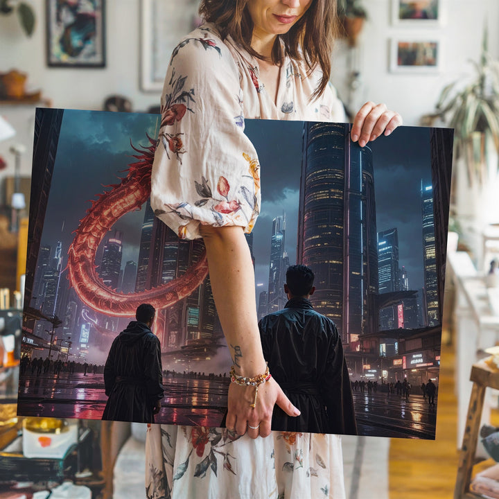 Cyber Dragon City Canvas – Futuristic Nightscape with Neon Hologram - Gifitto