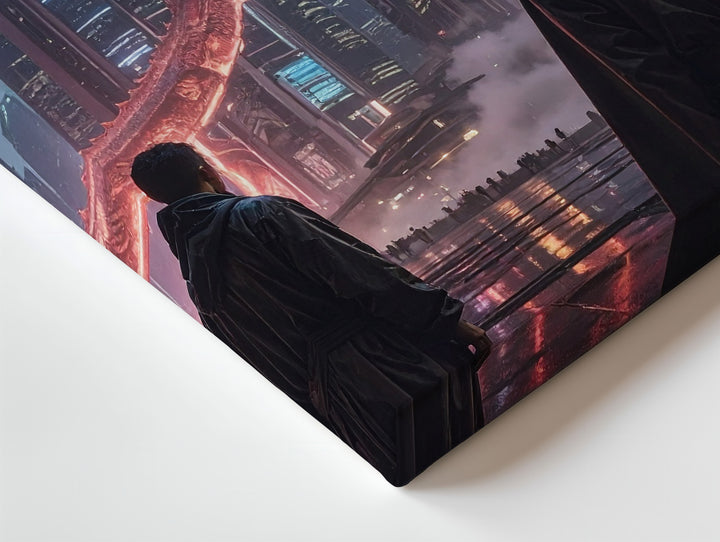 Cyber Dragon City Canvas – Futuristic Nightscape with Neon Hologram - Gifitto