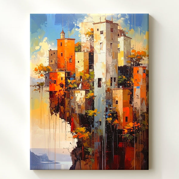 Vertical Village Canvas – Surreal Cliffside Architecture with Mist and Sky - Gifitto