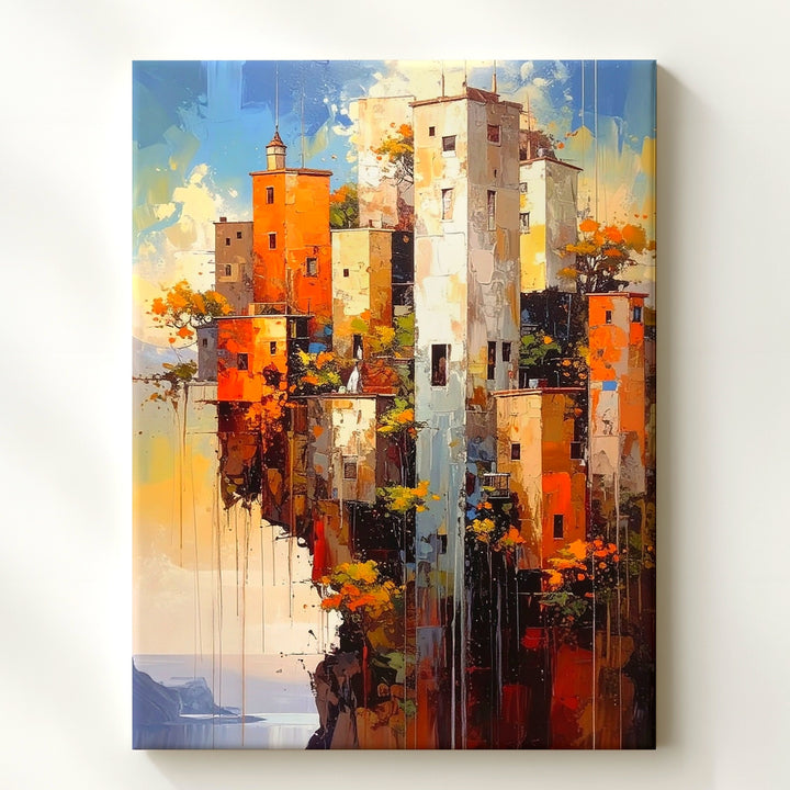 Vertical Village Canvas – Surreal Cliffside Architecture with Mist and Sky - Gifitto