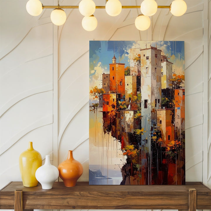 Vertical Village Canvas – Surreal Cliffside Architecture with Mist and Sky - Gifitto
