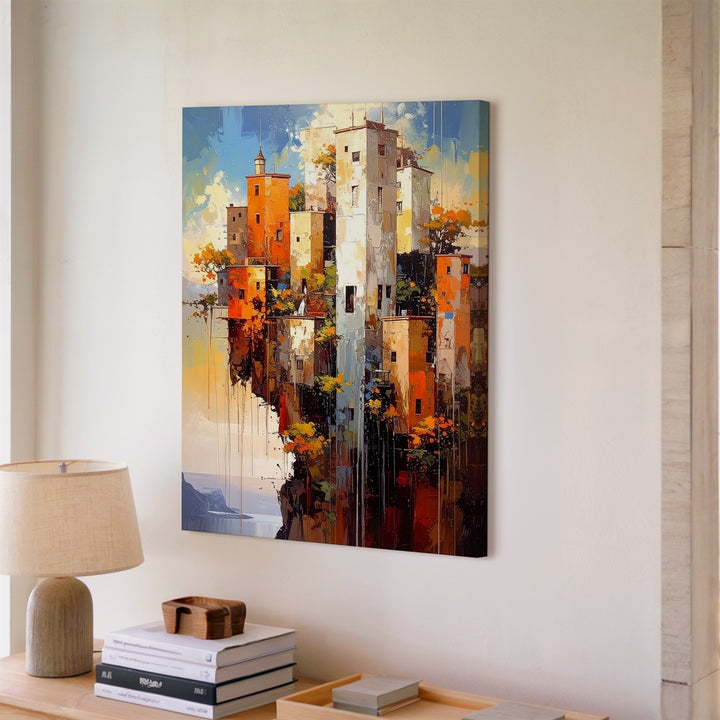 Vertical Village Canvas – Surreal Cliffside Architecture with Mist and Sky - Gifitto
