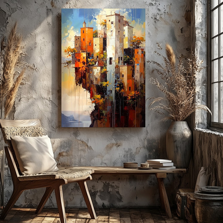 Vertical Village Canvas – Surreal Cliffside Architecture with Mist and Sky - Gifitto