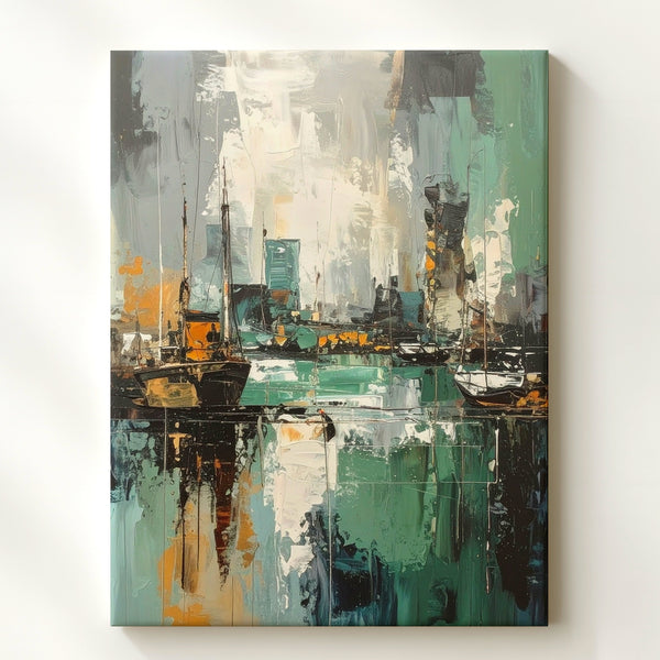 Abstract Urban Harbor Canvas – Moody Cityscape with Boats and Fog - Gifitto