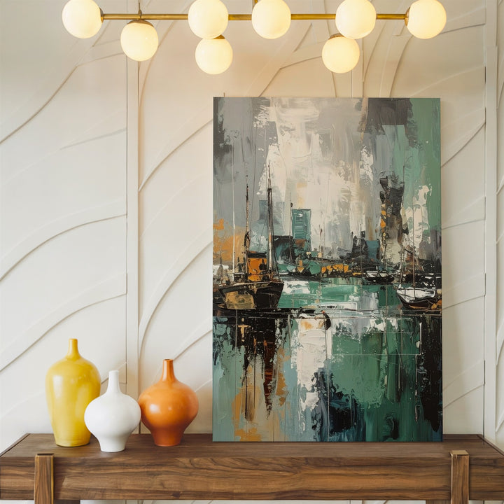 Abstract Urban Harbor Canvas – Moody Cityscape with Boats and Fog - Gifitto