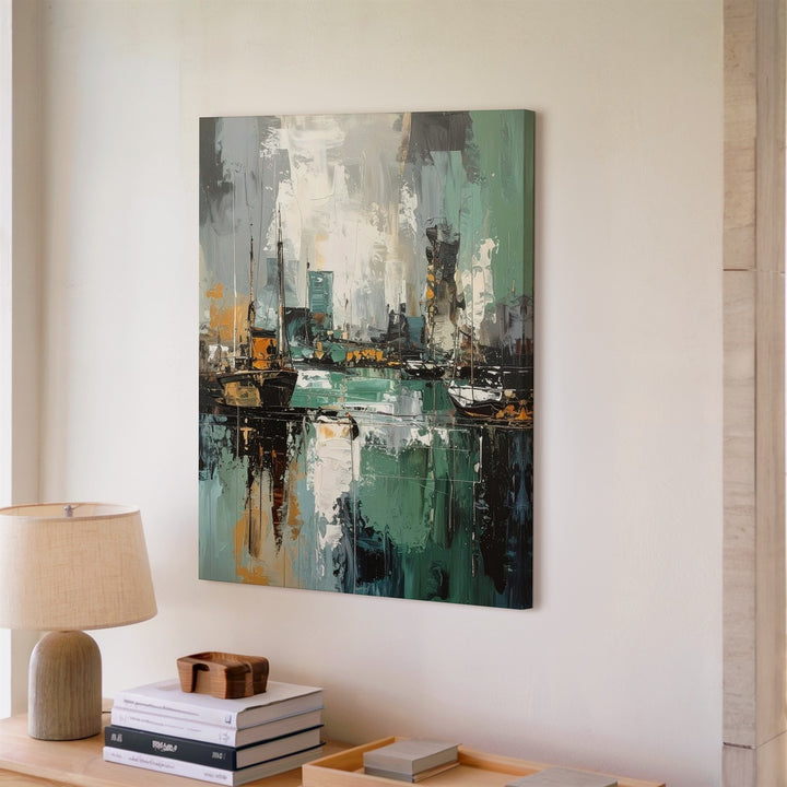 Abstract Urban Harbor Canvas – Moody Cityscape with Boats and Fog - Gifitto