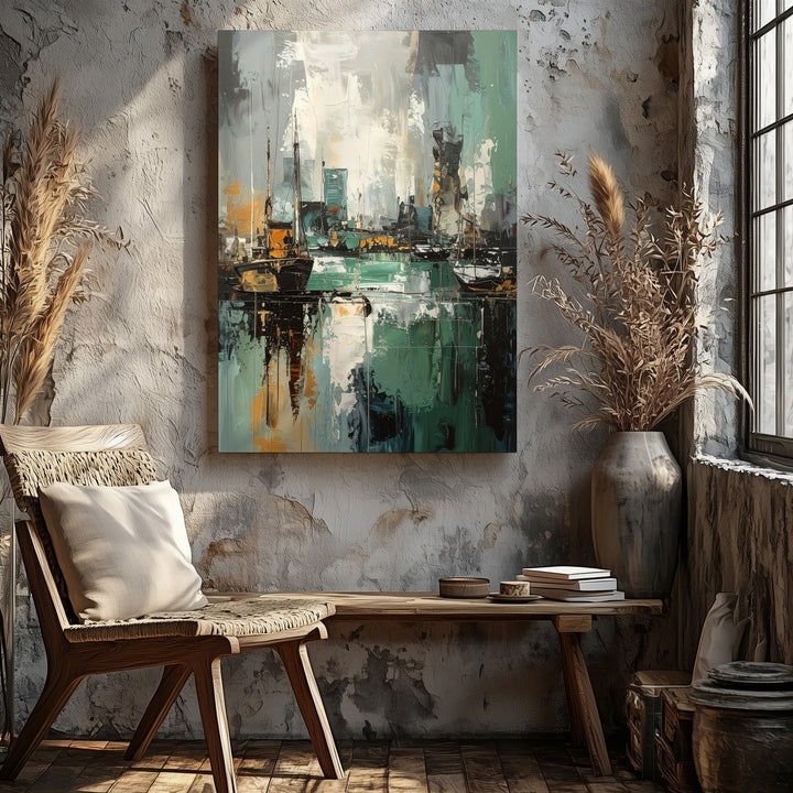 Abstract Urban Harbor Canvas – Moody Cityscape with Boats and Fog - Gifitto