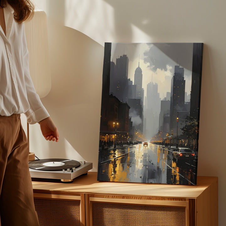 Cinematic City Street Canvas – Dark Urban Scene with Rain and Streetlights - Gifitto