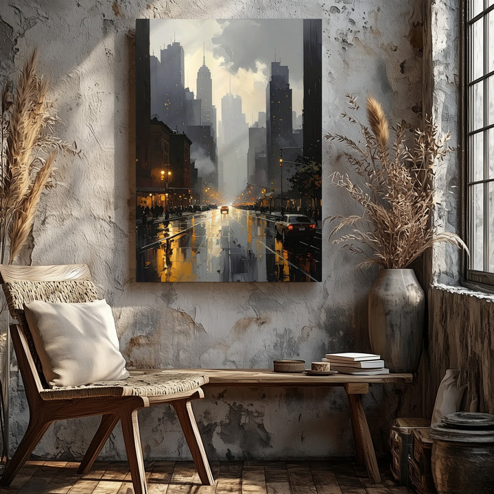 Cinematic City Street Canvas – Dark Urban Scene with Rain and Streetlights - Gifitto