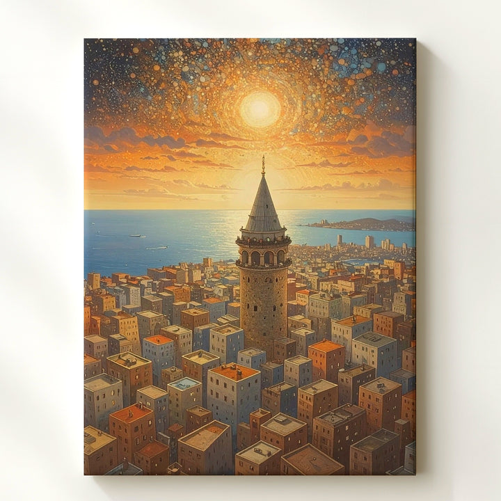 Galata Tower Surreal Canvas – Golden Cityscape with Tower and Modern Blocks - Gifitto