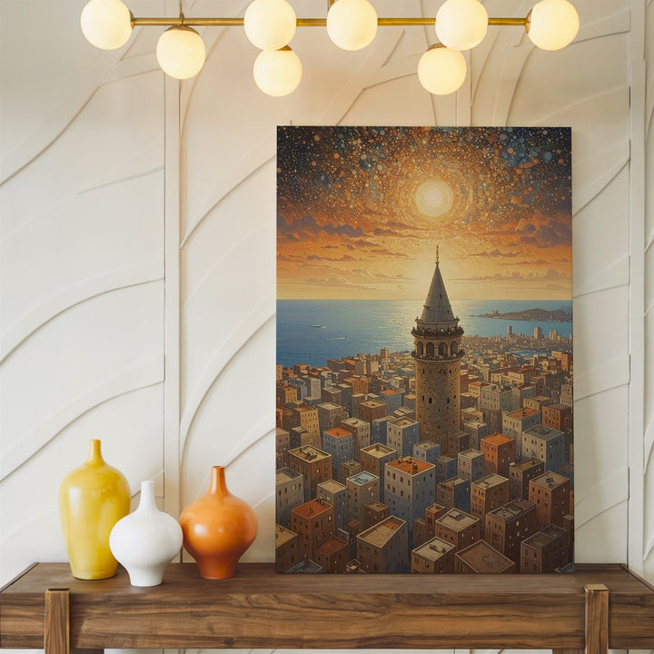 Galata Tower Surreal Canvas – Golden Cityscape with Tower and Modern Blocks - Gifitto