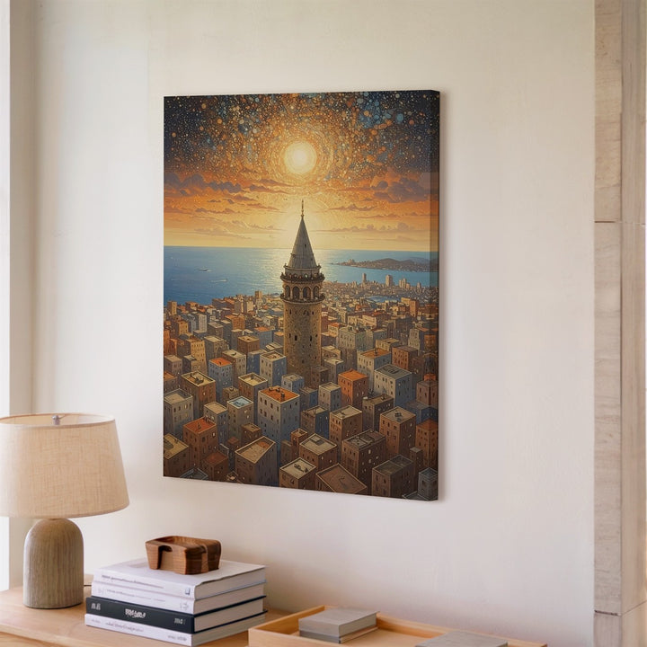 Galata Tower Surreal Canvas – Golden Cityscape with Tower and Modern Blocks - Gifitto