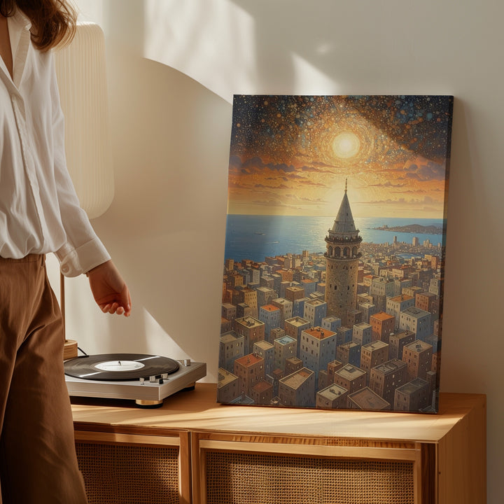Galata Tower Surreal Canvas – Golden Cityscape with Tower and Modern Blocks - Gifitto