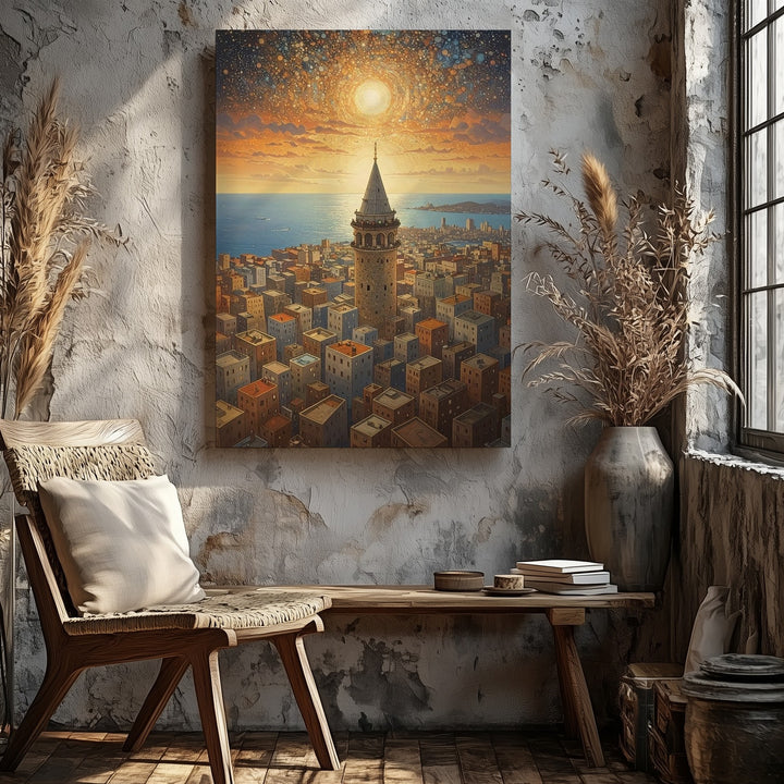 Galata Tower Surreal Canvas – Golden Cityscape with Tower and Modern Blocks - Gifitto