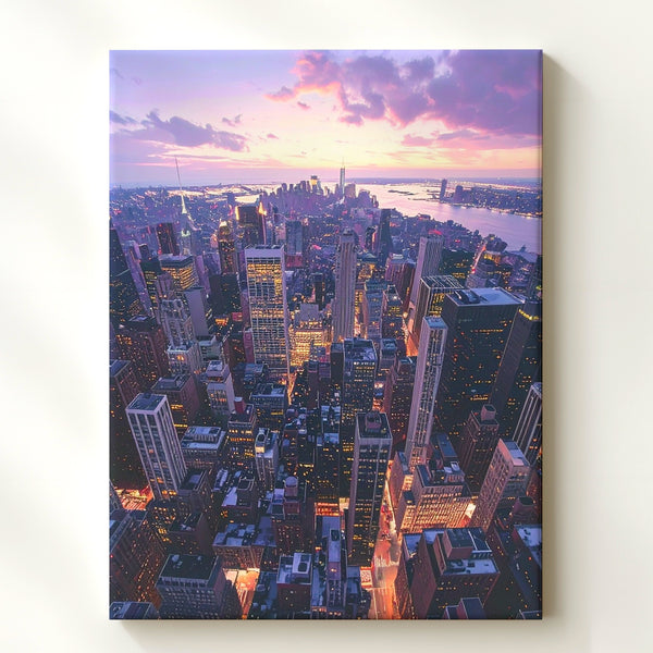 Manhattan Sunset Cityscape Canvas – Aerial View of Skyscrapers and Twilight Reflections - Gifitto