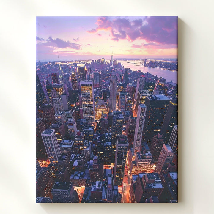 Manhattan Sunset Cityscape Canvas – Aerial View of Skyscrapers and Twilight Reflections - Gifitto