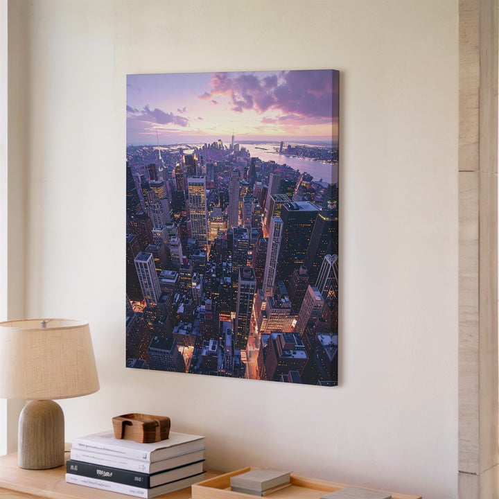 Manhattan Sunset Cityscape Canvas – Aerial View of Skyscrapers and Twilight Reflections - Gifitto