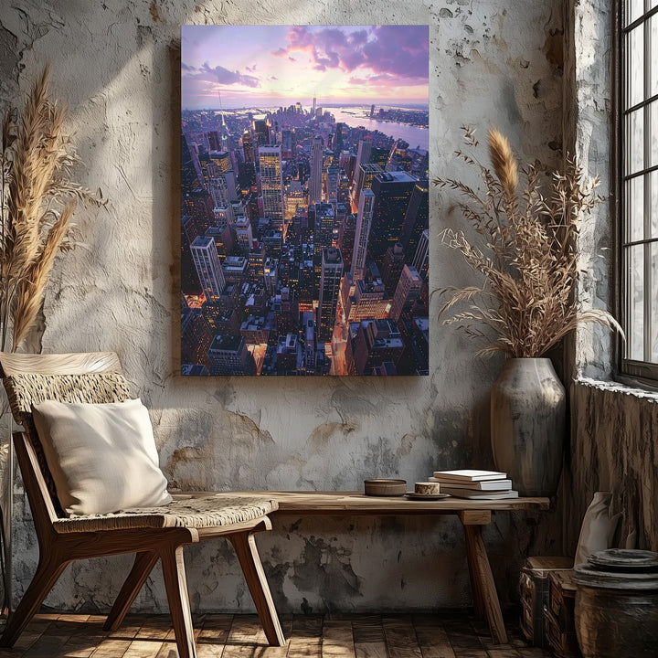 Manhattan Sunset Cityscape Canvas – Aerial View of Skyscrapers and Twilight Reflections - Gifitto