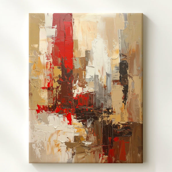 Abstract Urban Canvas – Textured Cityscape with Red and Brown Impasto - Gifitto