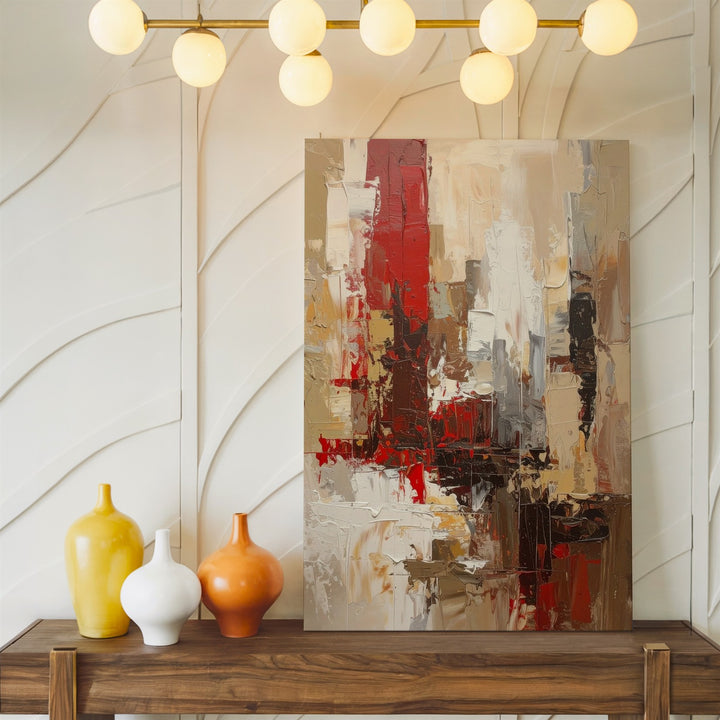 Abstract Urban Canvas – Textured Cityscape with Red and Brown Impasto - Gifitto