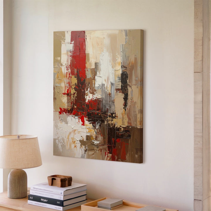 Abstract Urban Canvas – Textured Cityscape with Red and Brown Impasto - Gifitto