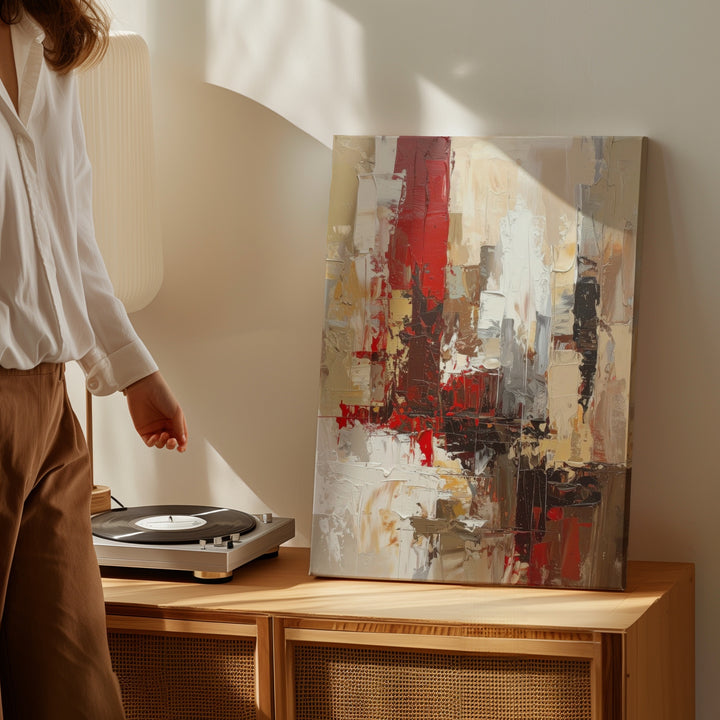 Abstract Urban Canvas – Textured Cityscape with Red and Brown Impasto - Gifitto