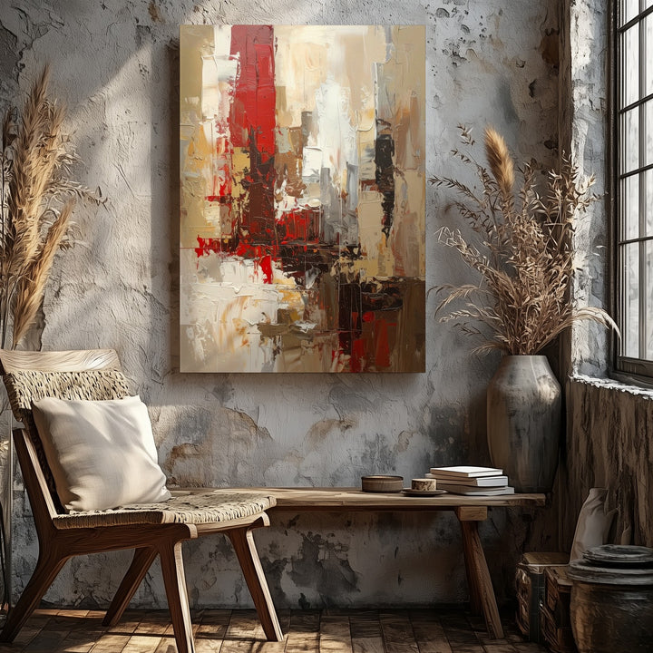 Abstract Urban Canvas – Textured Cityscape with Red and Brown Impasto - Gifitto