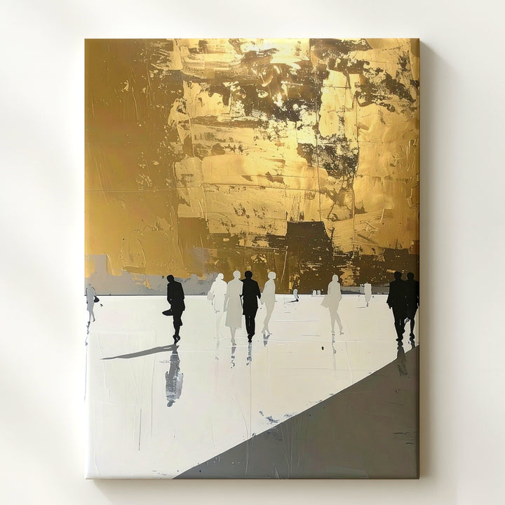 Minimalist Urban Life Canvas – Gold and White Divide with Walking Figures - Gifitto