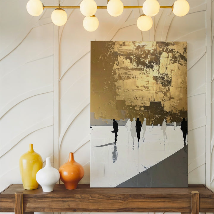 Minimalist Urban Life Canvas – Gold and White Divide with Walking Figures - Gifitto