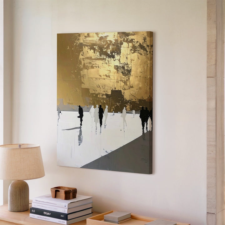 Minimalist Urban Life Canvas – Gold and White Divide with Walking Figures - Gifitto