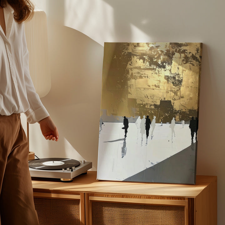 Minimalist Urban Life Canvas – Gold and White Divide with Walking Figures - Gifitto