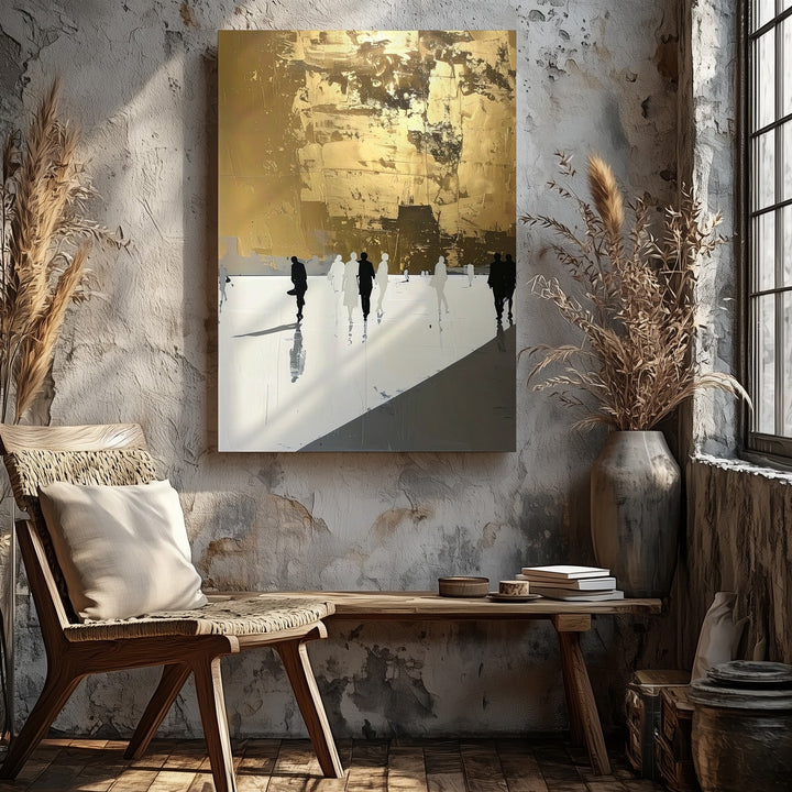 Minimalist Urban Life Canvas – Gold and White Divide with Walking Figures - Gifitto