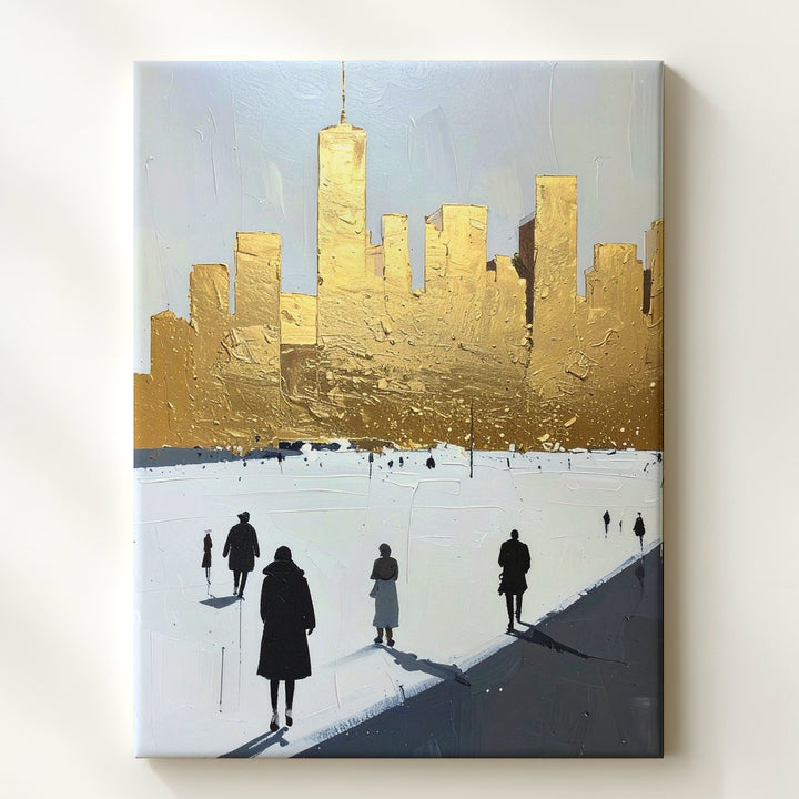 Minimalist Cityscape Canvas – Golden Skyscrapers and Black Figures - Gifitto