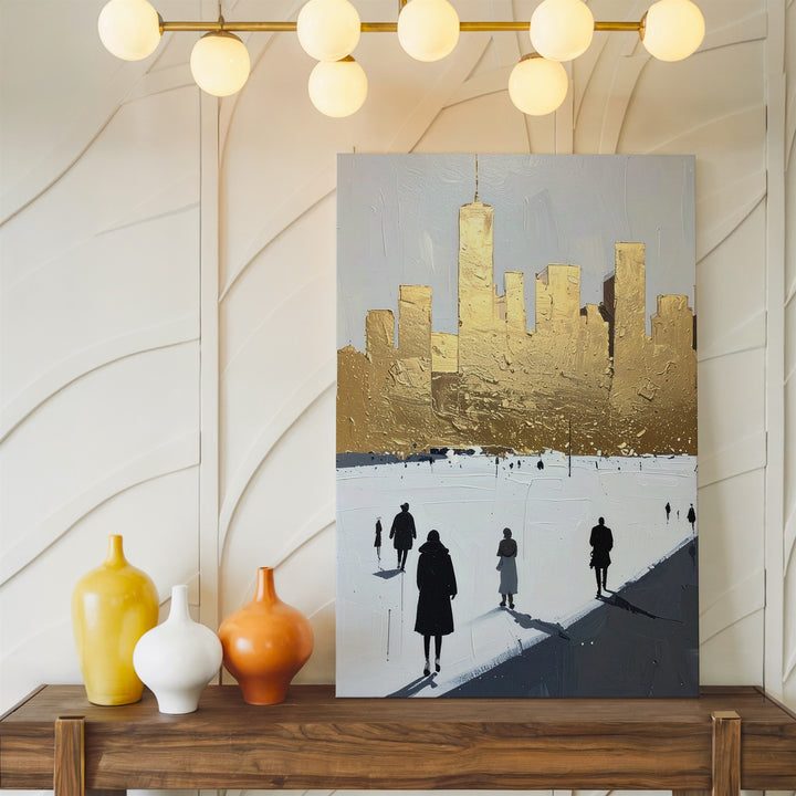 Minimalist Cityscape Canvas – Golden Skyscrapers and Black Figures - Gifitto