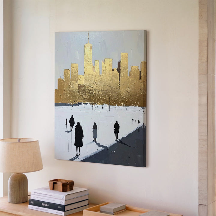 Minimalist Cityscape Canvas – Golden Skyscrapers and Black Figures - Gifitto