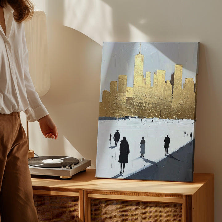 Minimalist Cityscape Canvas – Golden Skyscrapers and Black Figures - Gifitto