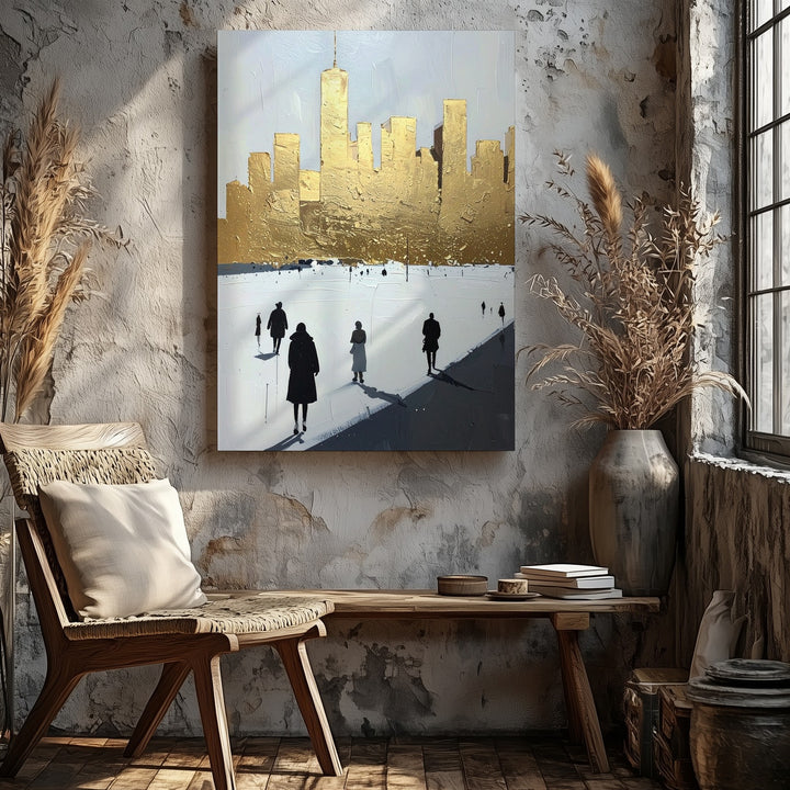 Minimalist Cityscape Canvas – Golden Skyscrapers and Black Figures - Gifitto