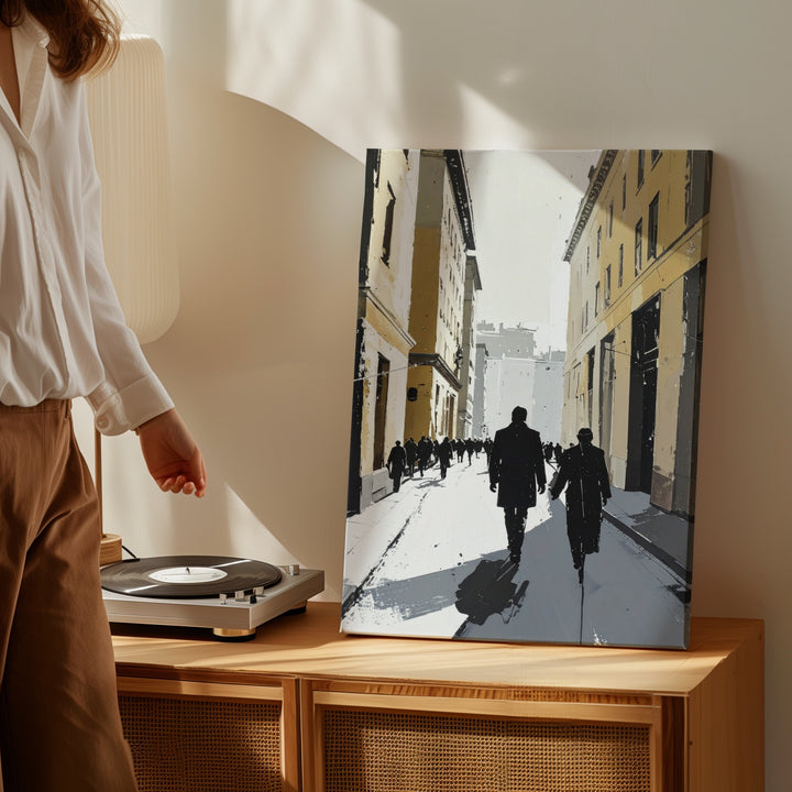 Stylized Urban Street Canvas – High-Contrast City Scene with Pedestrians - Gifitto