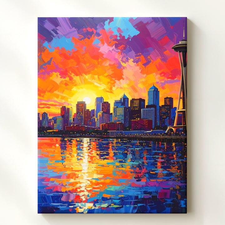 Seattle Skyline Sunset Canvas – Impressionist Space Needle & Vibrant Reflections - Gifitto