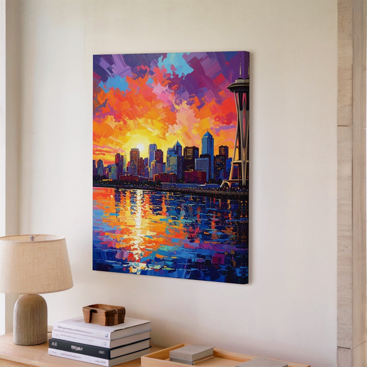 Seattle Skyline Sunset Canvas – Impressionist Space Needle & Vibrant Reflections - Gifitto