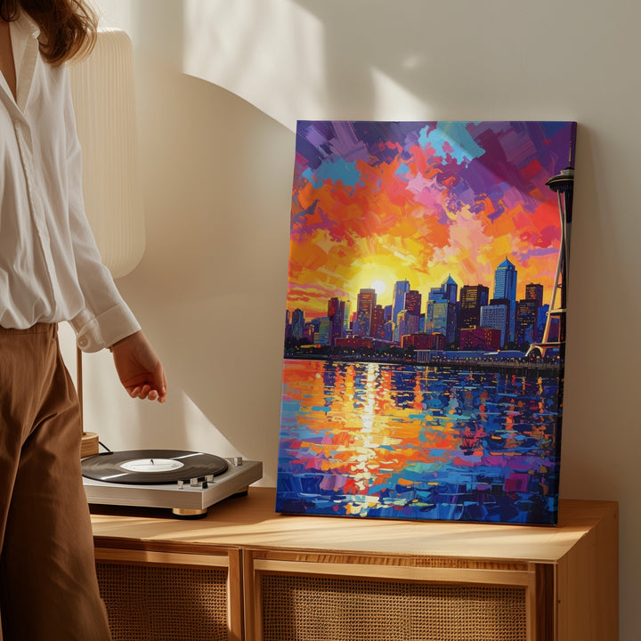 Seattle Skyline Sunset Canvas – Impressionist Space Needle & Vibrant Reflections - Gifitto