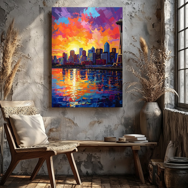 Seattle Skyline Sunset Canvas – Impressionist Space Needle & Vibrant Reflections - Gifitto