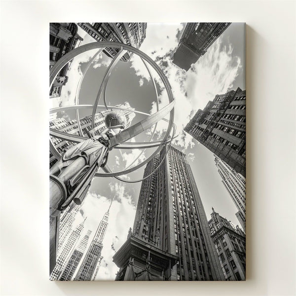 Black-and-White Urban Grandeur Canvas – Atlas Statue & Modern Cityscape - Gifitto
