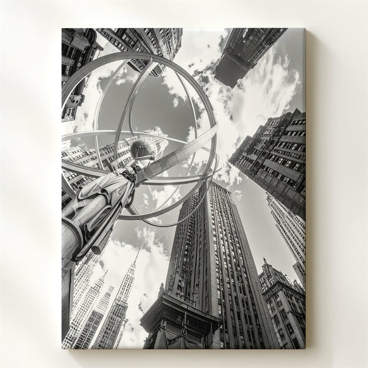 Black-and-White Urban Grandeur Canvas – Atlas Statue & Modern Cityscape - Gifitto