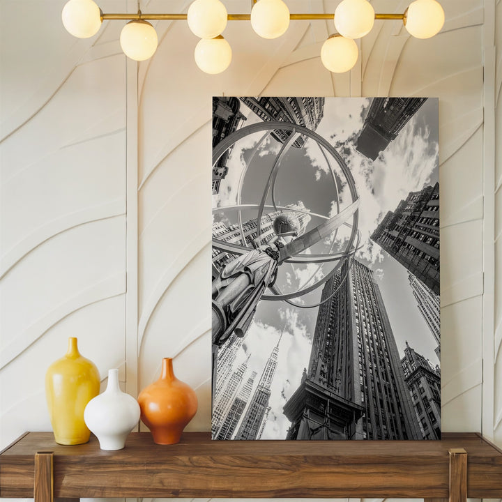 Black-and-White Urban Grandeur Canvas – Atlas Statue & Modern Cityscape - Gifitto