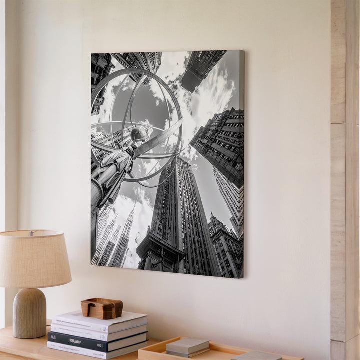 Black-and-White Urban Grandeur Canvas – Atlas Statue & Modern Cityscape - Gifitto